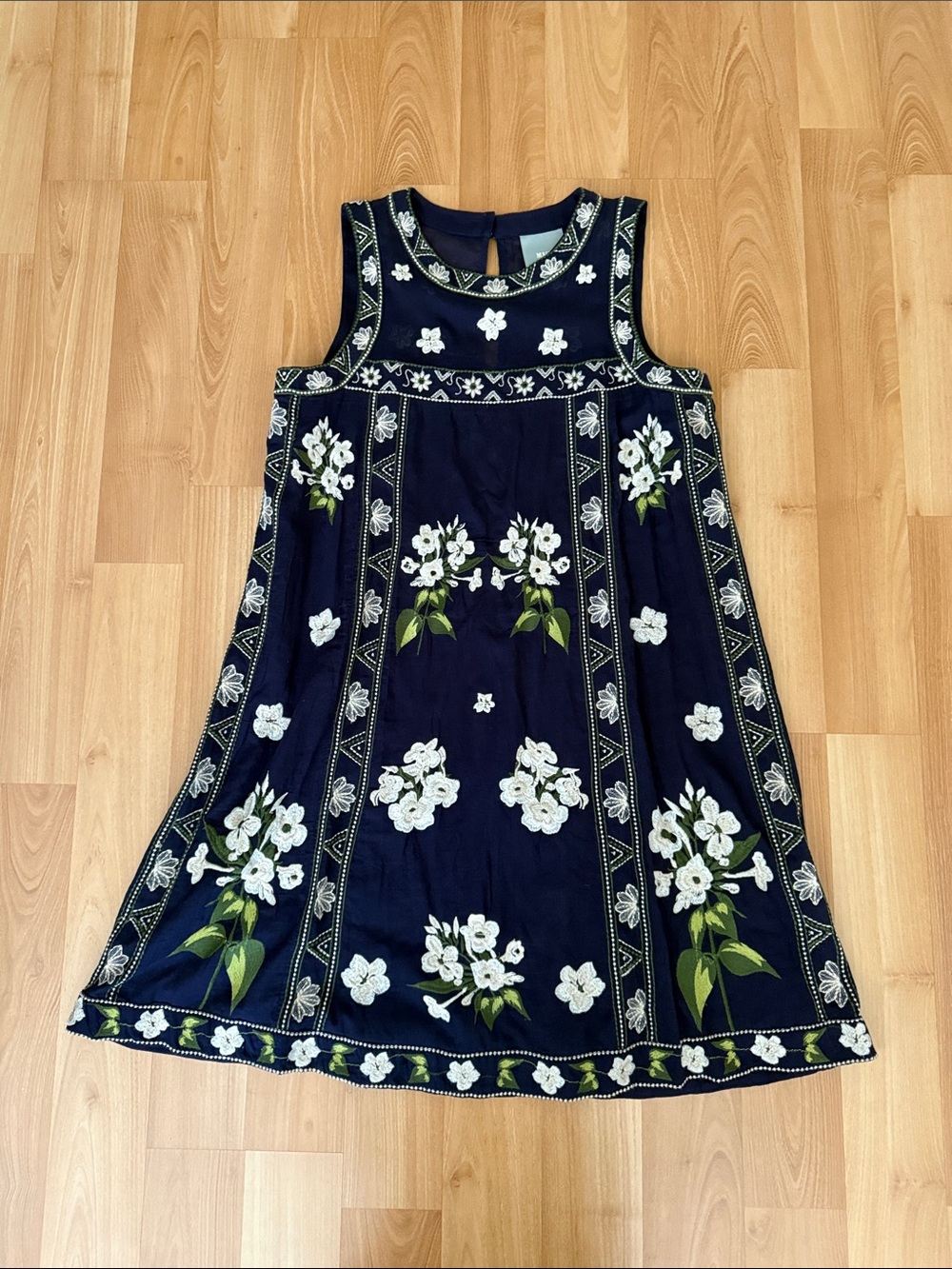 Anthropologie Navy Dress with White Floral Embroidery